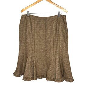 Ralph Lauren Brown Plaid Tweed Wool Blend Midi Skirt Ruffle Hem Size 14